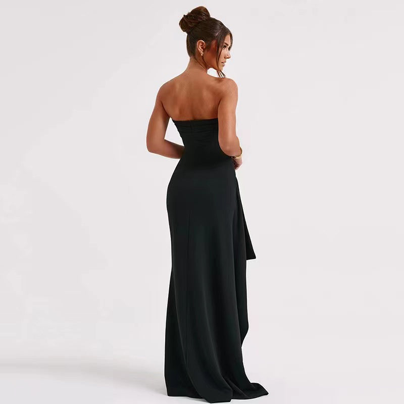Black Off-Shoulder Strapless Maxi Dress – Backless, High Split, Sleeveless Bodycon Evening & Party Dress