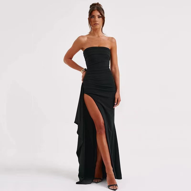 Black Off-Shoulder Strapless Maxi Dress – Backless, High Split, Sleeveless Bodycon Evening & Party Dress