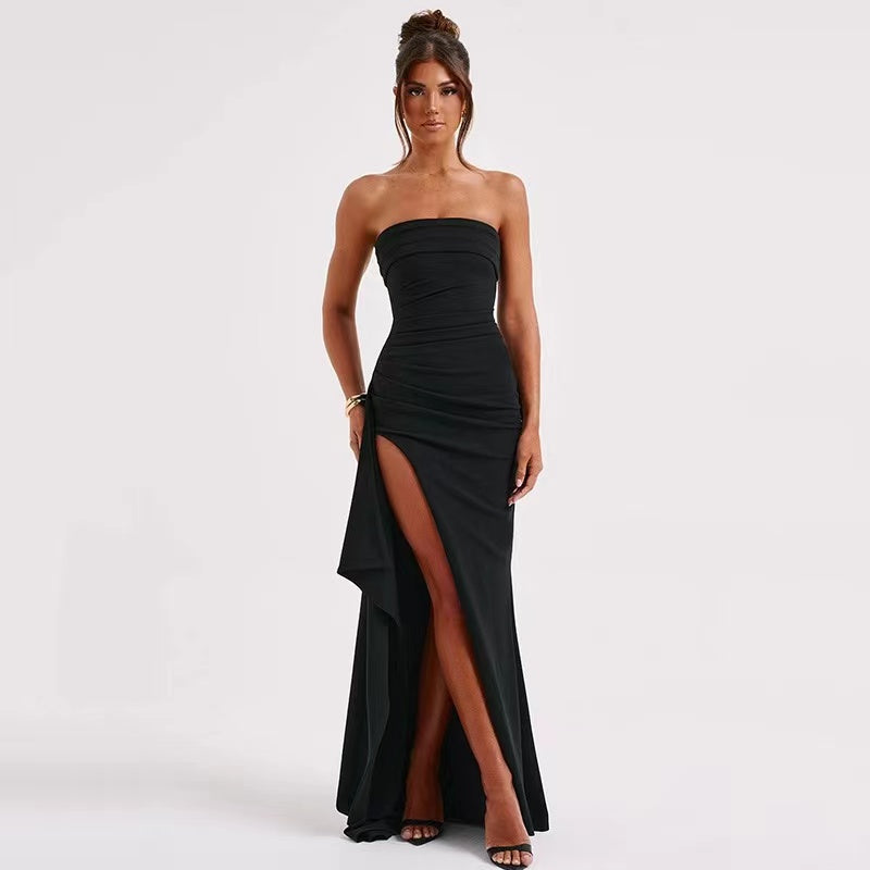 Black Off-Shoulder Strapless Maxi Dress – Backless, High Split, Sleeveless Bodycon Evening & Party Dress