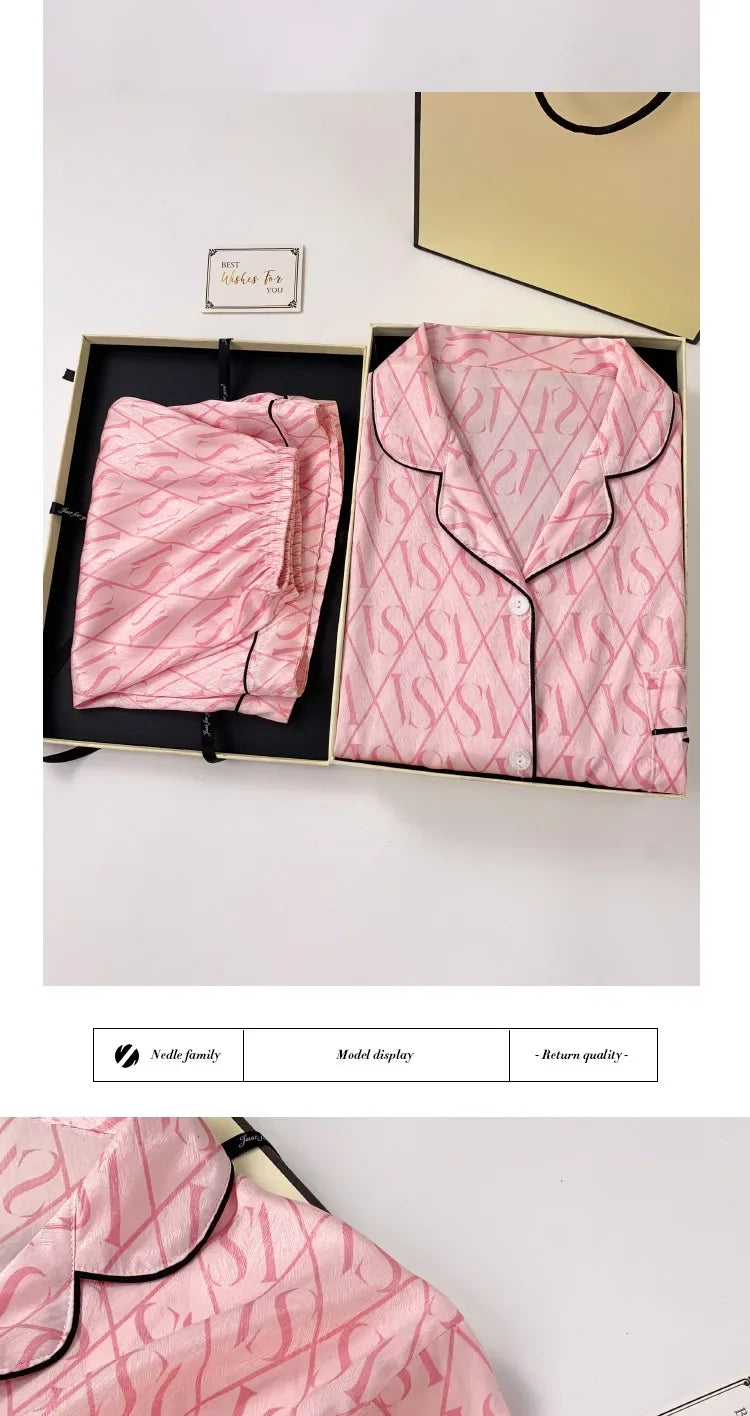Summer Women’s Ice Silk Pajama Set – Short Sleeve Cardigan Loungewear