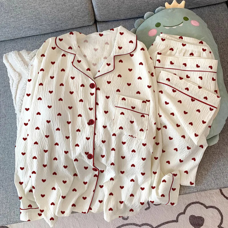 Spring & Autumn Women’s Pajama Set – Long Sleeve Crinkled Loungewear with Love Cardigan