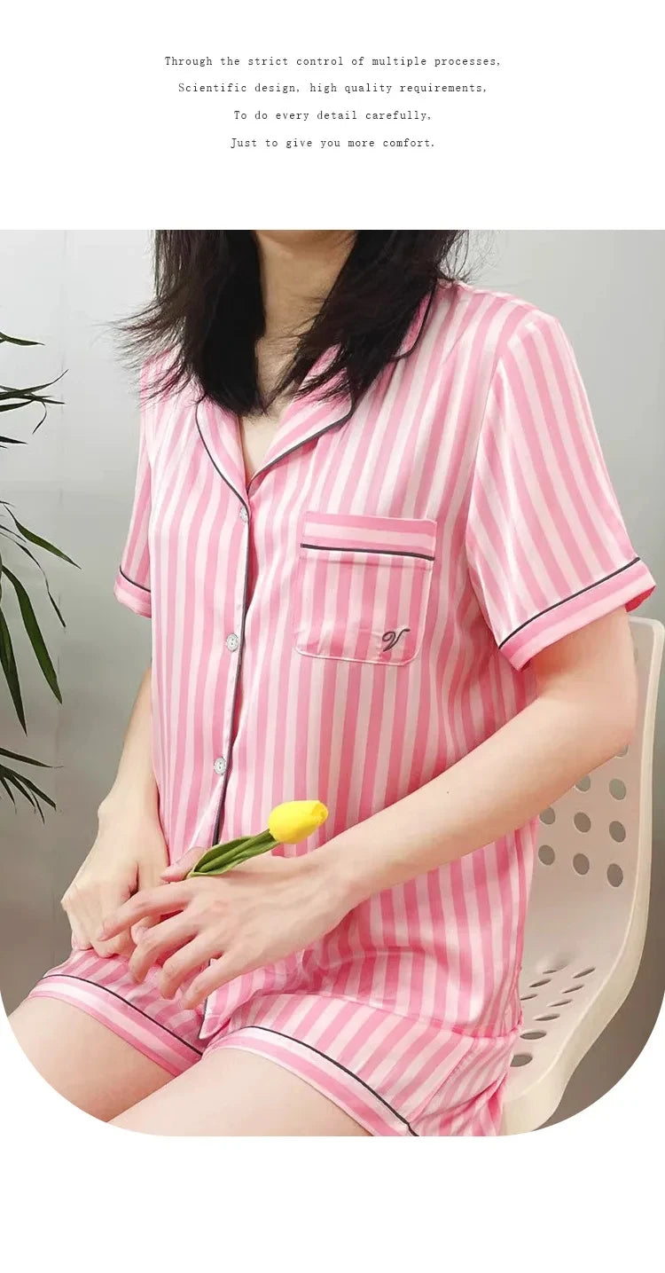 Plus-Size Women’s Pajama Set – Short Sleeve Top & Shorts with Striped Cardigan Lapel Homewear