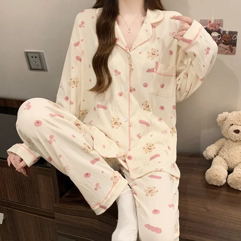 Spring & Autumn Women’s Pajama Set – Long Sleeve Crinkled Loungewear with Love Cardigan