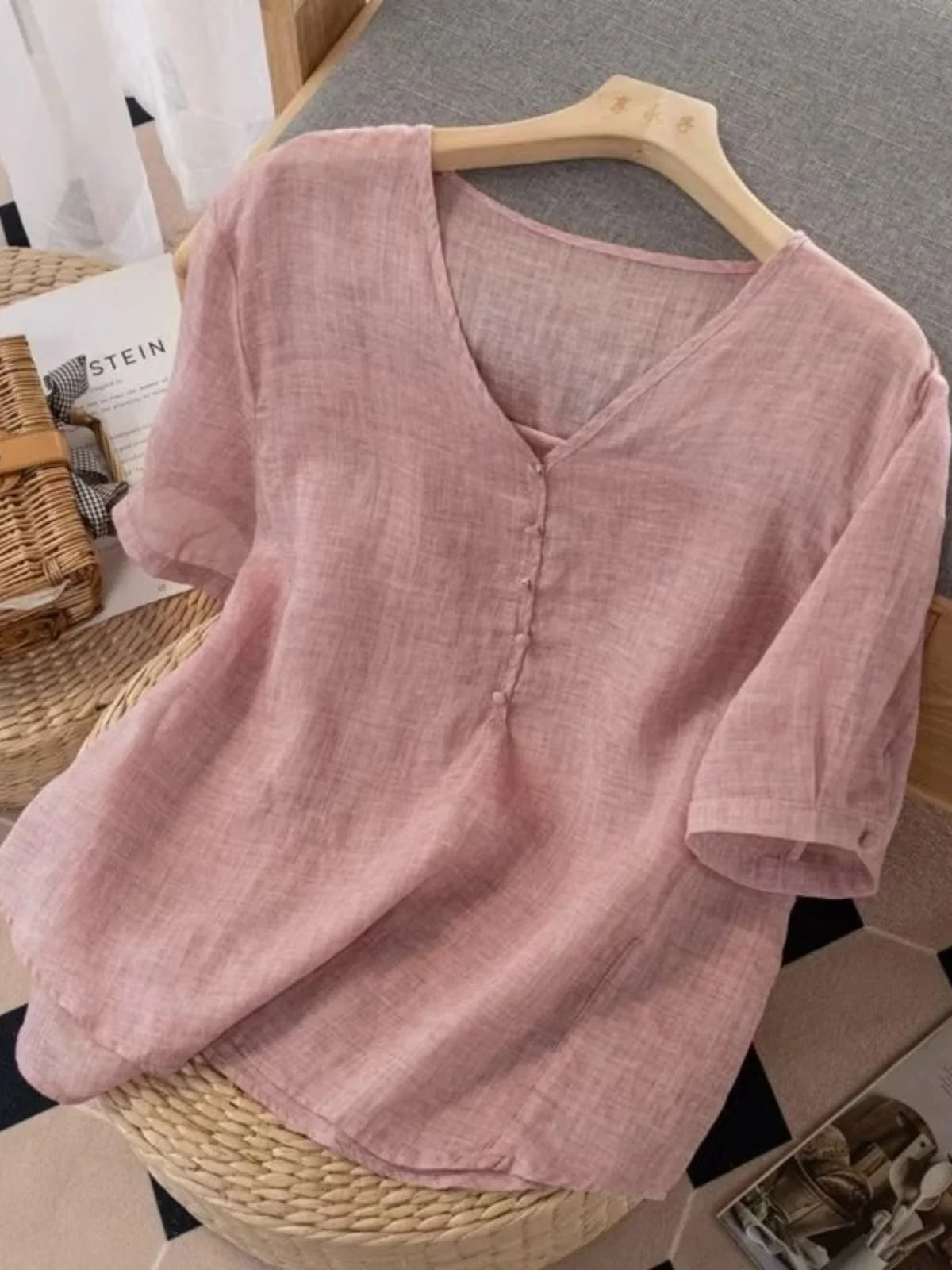 Slimming Color V-Neck Cotton-Linen Blend Top – Casual, Loose Fit, Thin T-Shirt for Women