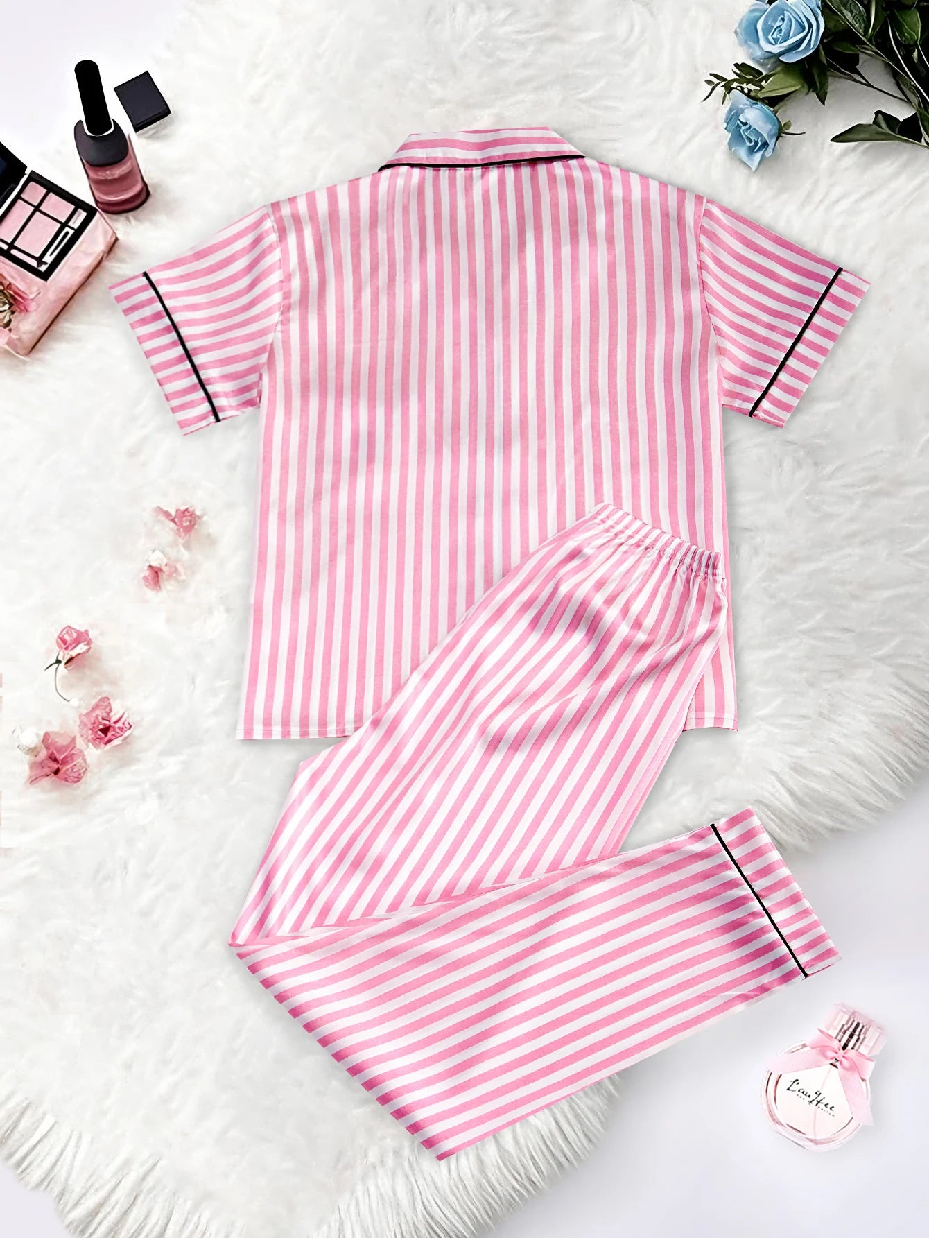 Women's Satin Pajama Set – Classic Striped Print, Short Sleeve Top & Long Pants with Lapel Collar, Pocket Letter & Button Detail