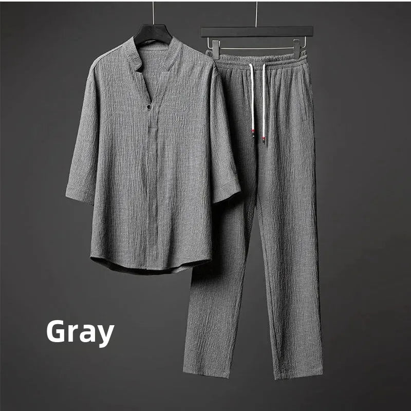 Men’s Luxury Summer Suit – Ultra-Thin, Loose-Fit, Mid-Sleeve Two-Piece Set