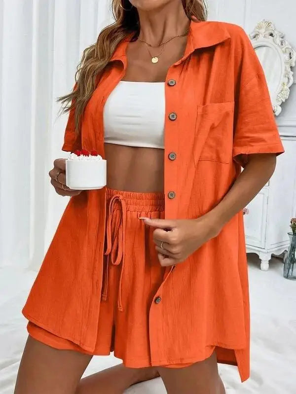 Women’s Casual Two-Piece Suit – Short Sleeve Single-Breasted Top & Skirt, Solid Color