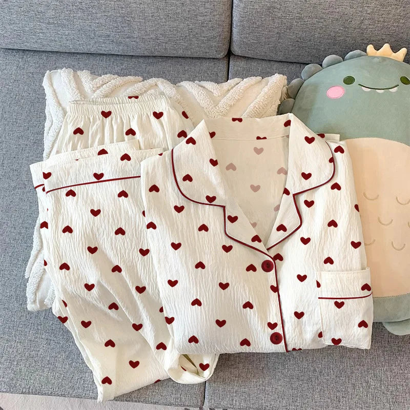 Spring & Autumn Women’s Pajama Set – Long Sleeve Crinkled Loungewear with Love Cardigan
