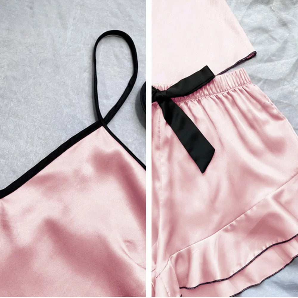 Smooth Satin Sleepwear – Ruffle Trim & Sling Top