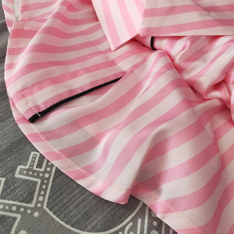 Women’s Satin Pink Striped Pajama Set – Long Sleeve Button-Up Top & Pants, Luxury Sleepwear & Loungewear