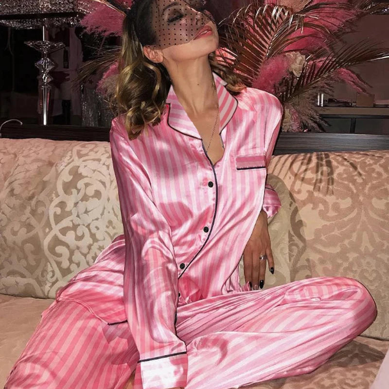 Women’s Satin Pink Striped Pajama Set – Long Sleeve Button-Up Top & Pants, Luxury Sleepwear & Loungewear