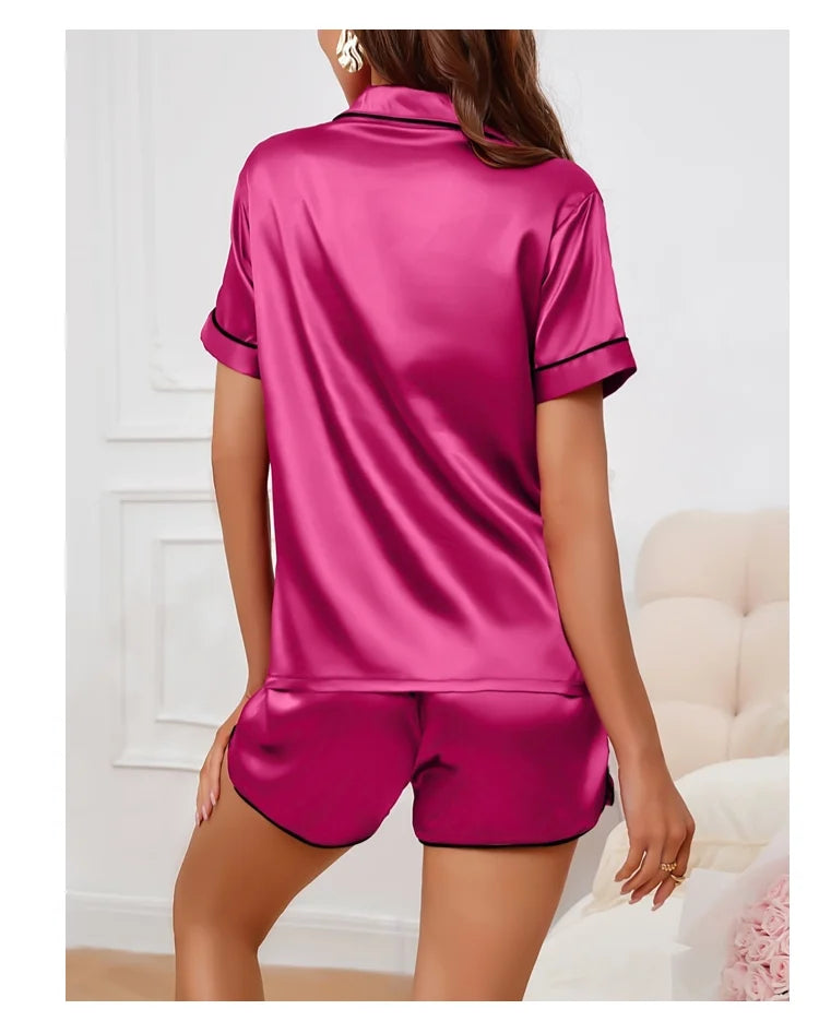 Heart Embroidered Women's Pajama Set – Button Down Top & Shorts Lounge Sleepwear