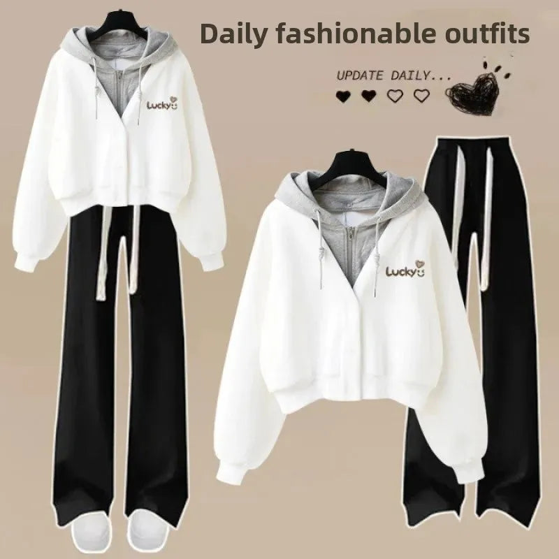 Women’s Loose Wide-Leg Pants Set – Casual Two-Piece Hoodie Outfit, Korean Style, Trendy INS Fashion