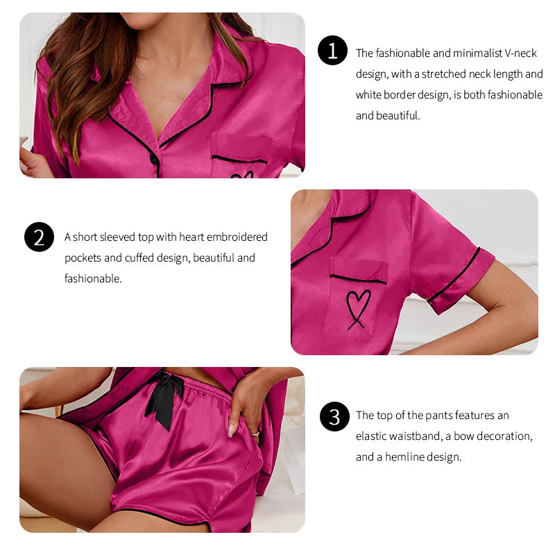 Heart Embroidered Women's Pajama Set – Button Down Top & Shorts Lounge Sleepwear