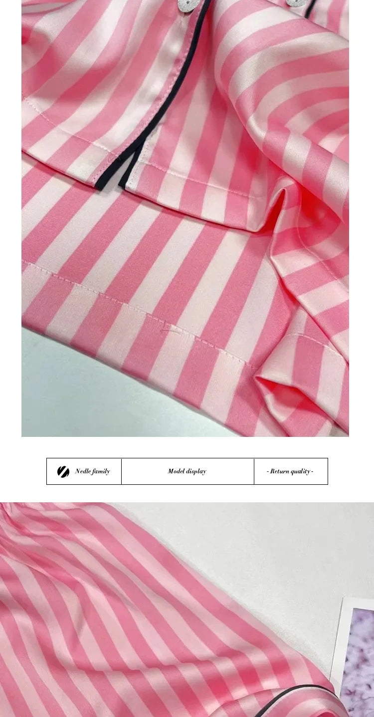 Plus-Size Women’s Pajama Set – Short Sleeve Top & Shorts with Striped Cardigan Lapel Homewear