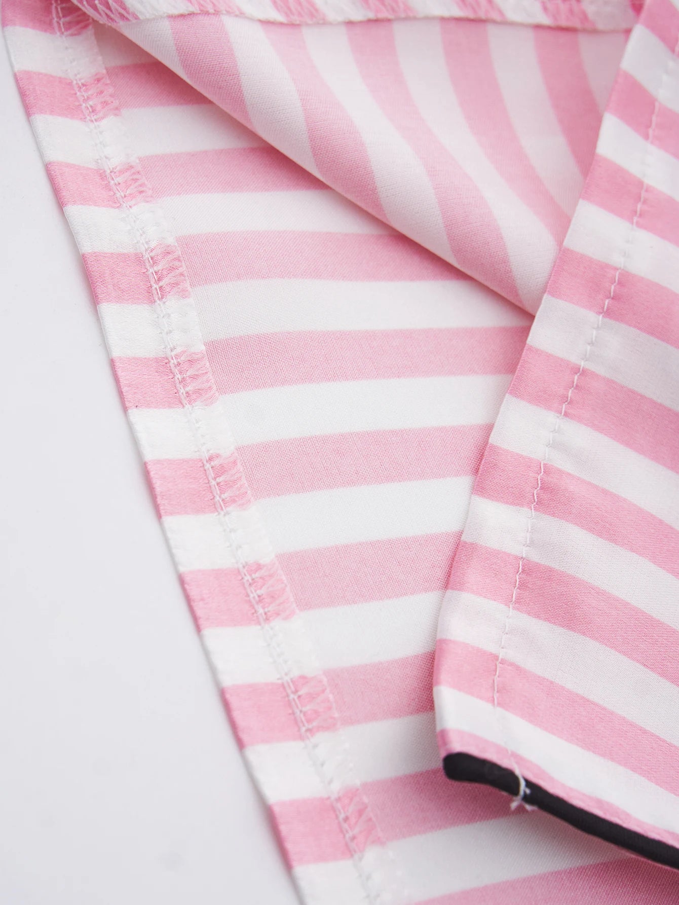 Women's Satin Pajama Set – Classic Striped Print, Short Sleeve Top & Long Pants with Lapel Collar, Pocket Letter & Button Detail