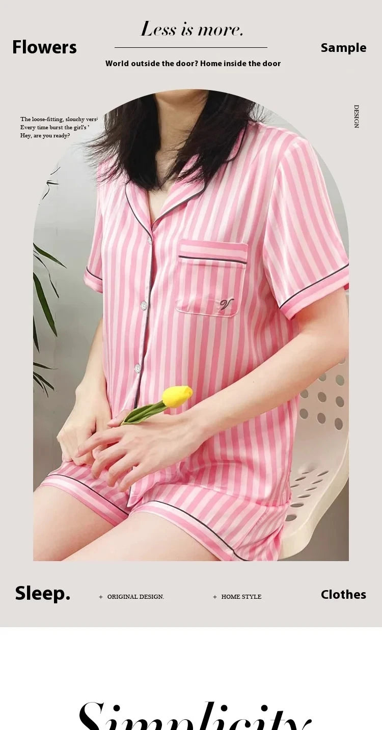 Plus-Size Women’s Pajama Set – Short Sleeve Top & Shorts with Striped Cardigan Lapel Homewear