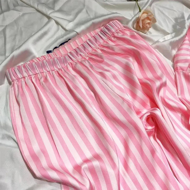 Women’s Satin Pink Striped Pajama Set – Long Sleeve Button-Up Top & Pants, Luxury Sleepwear & Loungewear