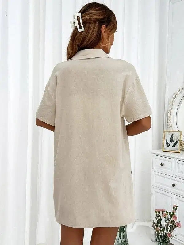 Women’s Casual Two-Piece Suit – Short Sleeve Single-Breasted Top & Skirt, Solid Color
