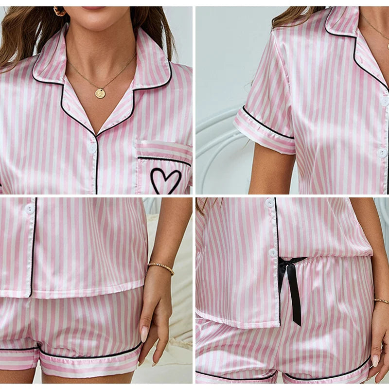 Victoria Style Women's Satin Pajama Set – Striped Embroidered Short Sleeve Top & Shorts Summer Loungewear