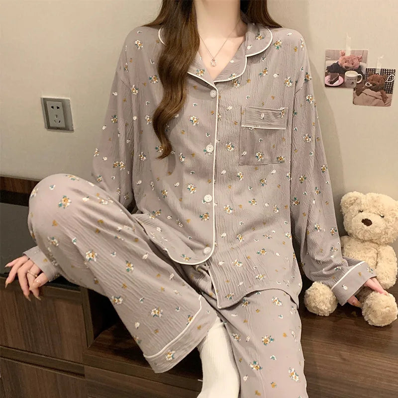 Spring & Autumn Women’s Pajama Set – Long Sleeve Crinkled Loungewear with Love Cardigan