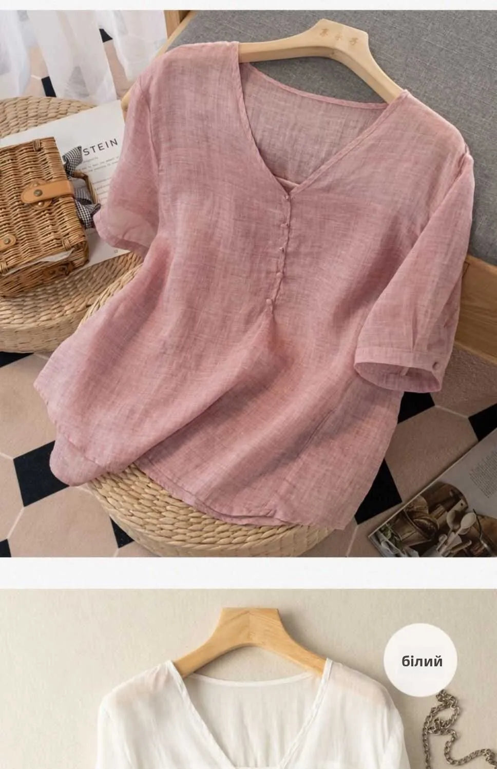Slimming Color V-Neck Cotton-Linen Blend Top – Casual, Loose Fit, Thin T-Shirt for Women