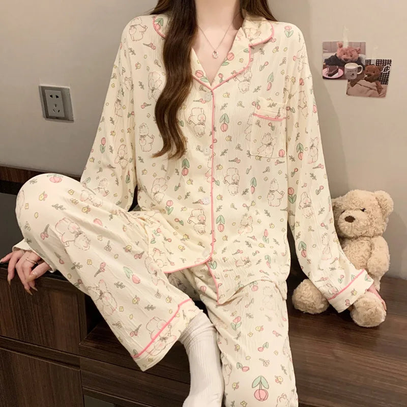 Spring & Autumn Women’s Pajama Set – Long Sleeve Crinkled Loungewear with Love Cardigan