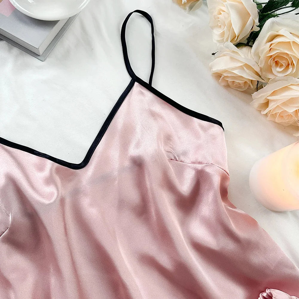 Smooth Satin Sleepwear – Ruffle Trim & Sling Top
