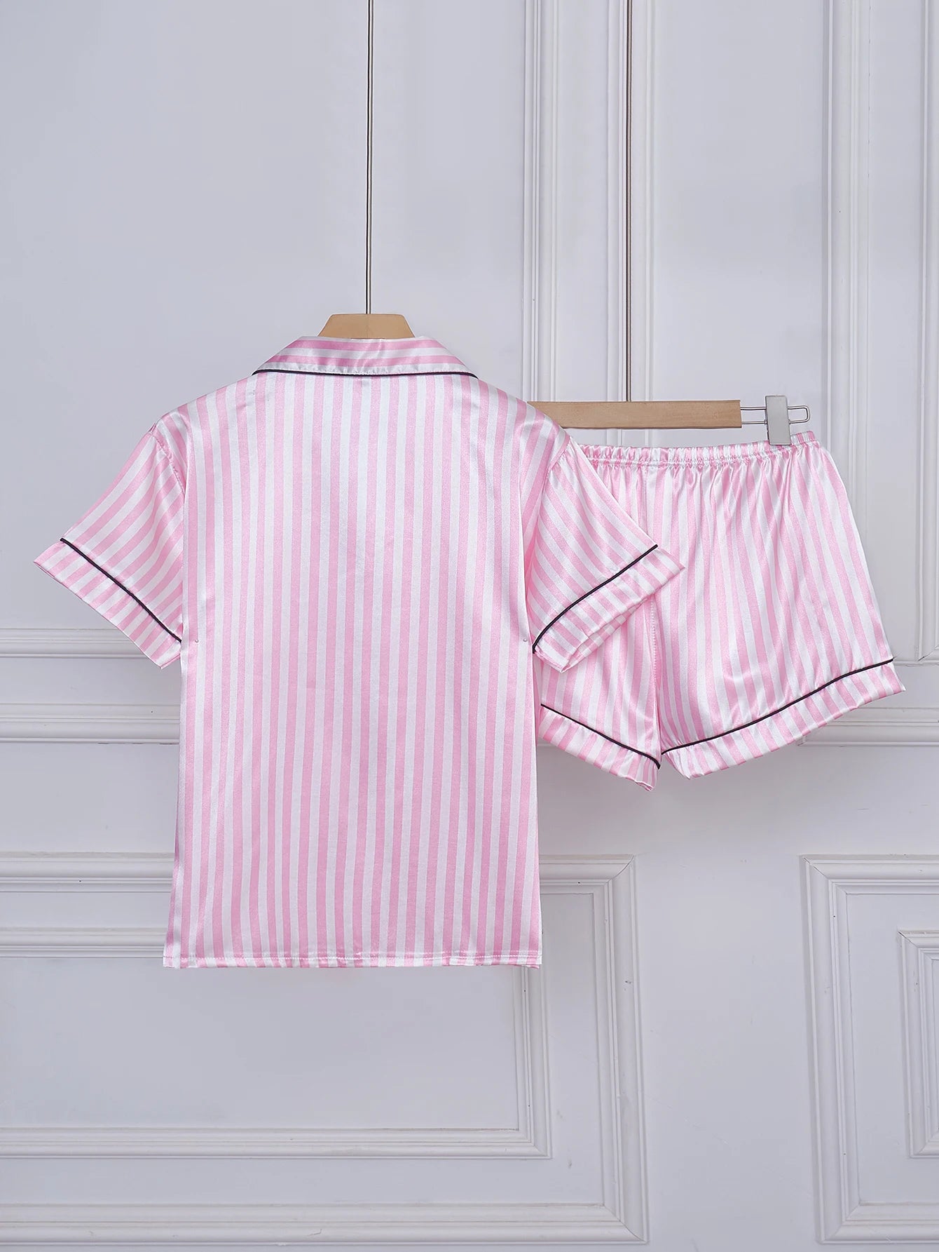 Striped Satin Pajama Set – Short Sleeve Top & Shorts with Embroidered Letter Pocket, Lapel Collar & Button Detail