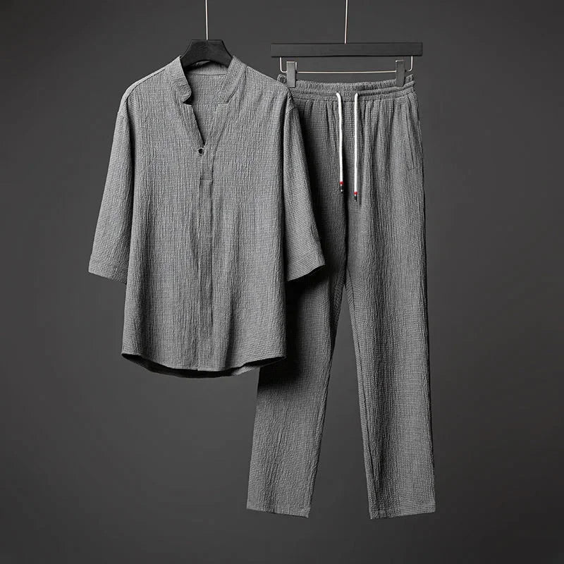 Men’s Luxury Summer Suit – Ultra-Thin, Loose-Fit, Mid-Sleeve Two-Piece Set