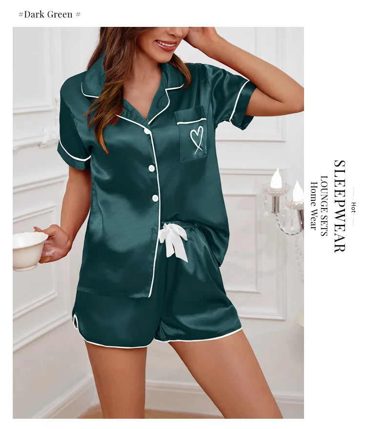 Heart Embroidered Women's Pajama Set – Button Down Top & Shorts Lounge Sleepwear