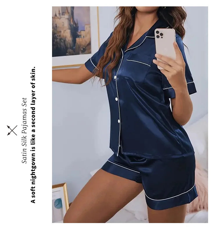 Women’s Satin Pajama Set – 2 Piece Summer Sleepwear