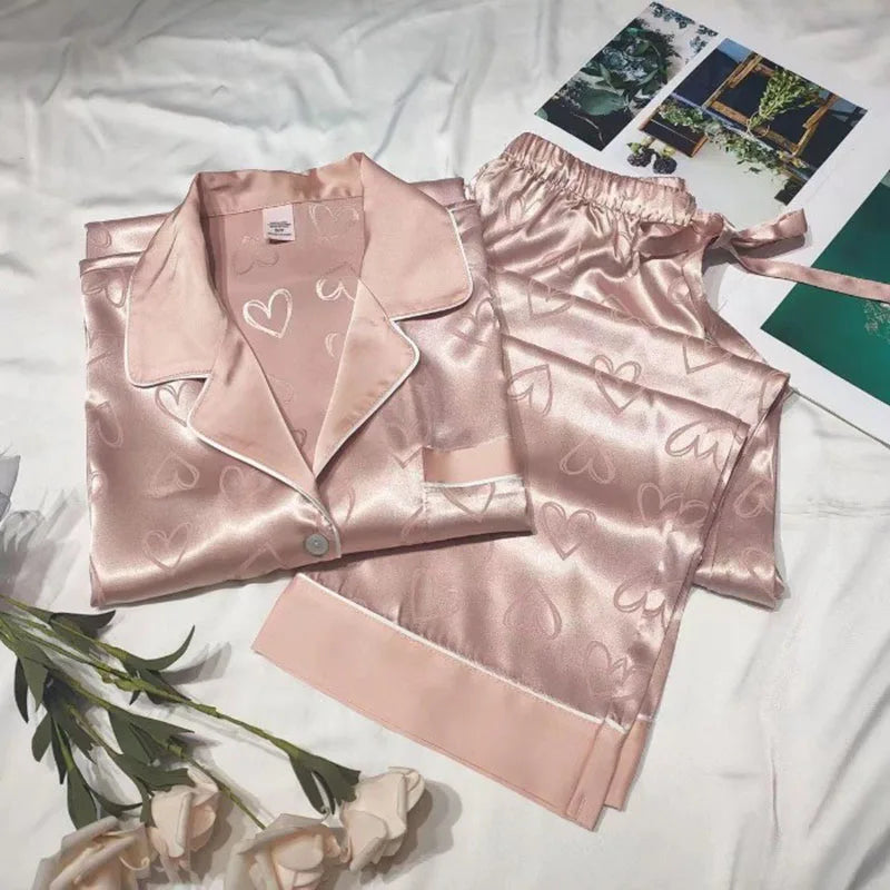 Women’s Ice Silk Pajama Set – Long Sleeve Lace Top & Pants, Green Sweet Homewear