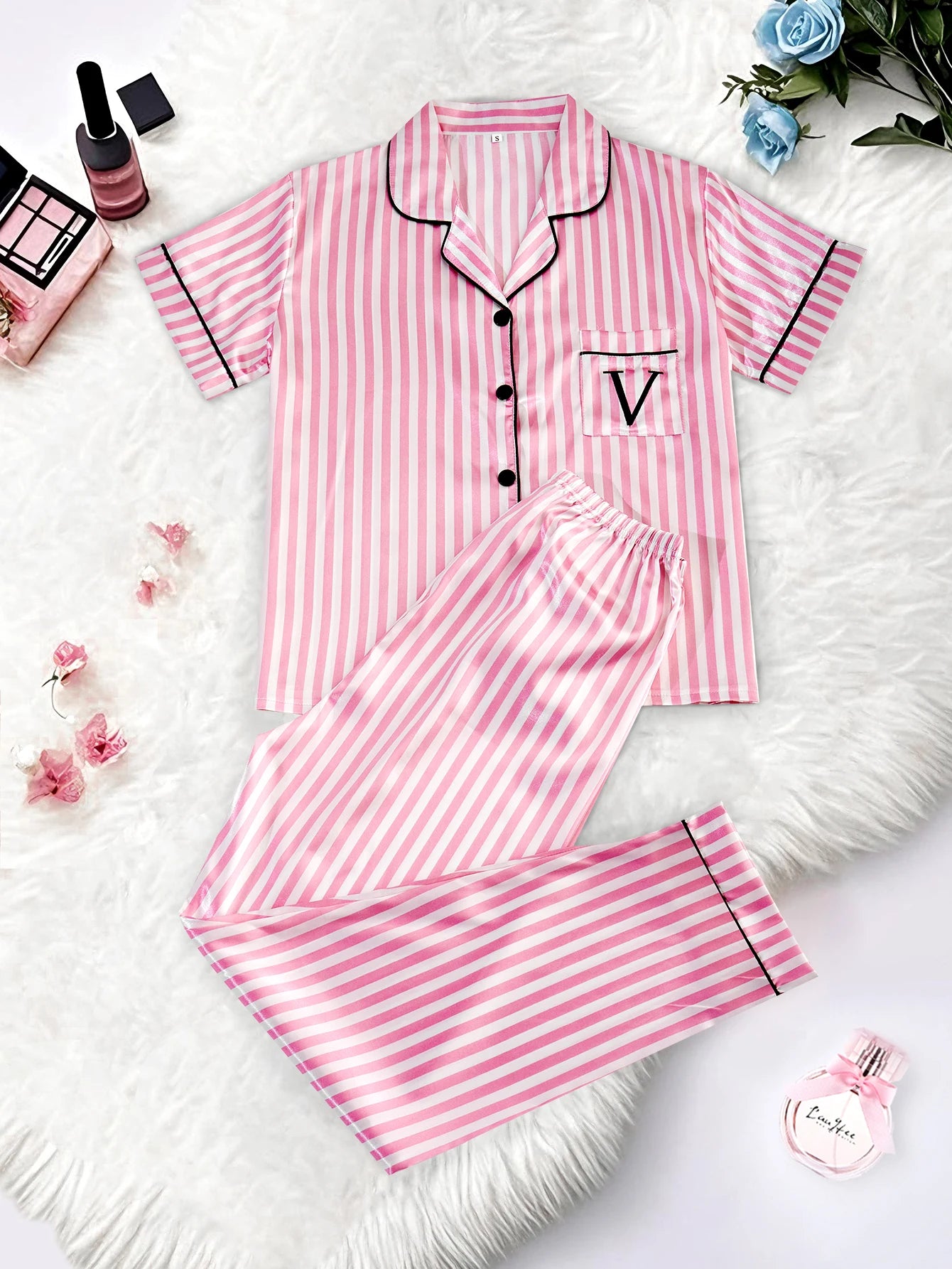 Women's Satin Pajama Set – Classic Striped Print, Short Sleeve Top & Long Pants with Lapel Collar, Pocket Letter & Button Detail