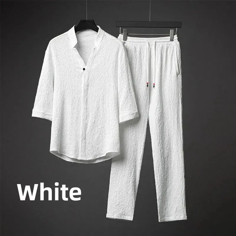 Men’s Luxury Summer Suit – Ultra-Thin, Loose-Fit, Mid-Sleeve Two-Piece Set