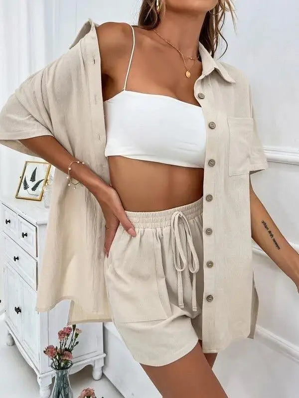 Women’s Casual Two-Piece Suit – Short Sleeve Single-Breasted Top & Skirt, Solid Color