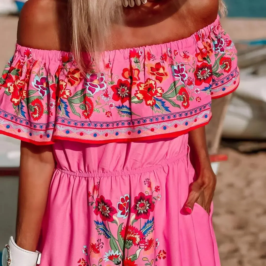 Spring/Summer One-Shoulder Maxi Dress – Red Flower Print, Sleeveless, Knee-Length, Regular Waist