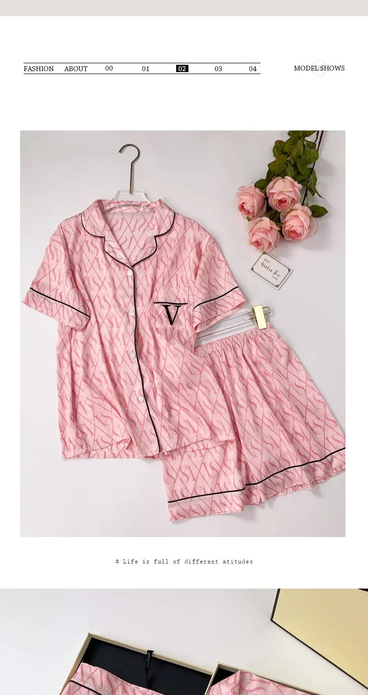 Summer Women’s Ice Silk Pajama Set – Short Sleeve Cardigan Loungewear