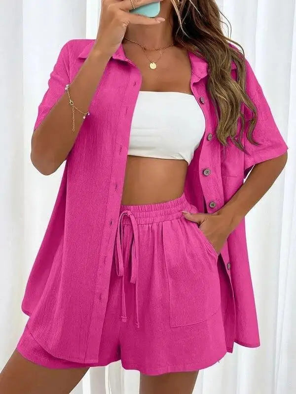 Women’s Casual Two-Piece Suit – Short Sleeve Single-Breasted Top & Skirt, Solid Color