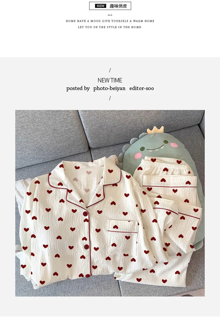Spring & Autumn Women’s Pajama Set – Long Sleeve Crinkled Loungewear with Love Cardigan