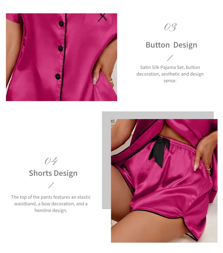 Heart Embroidered Women's Pajama Set – Button Down Top & Shorts Lounge Sleepwear
