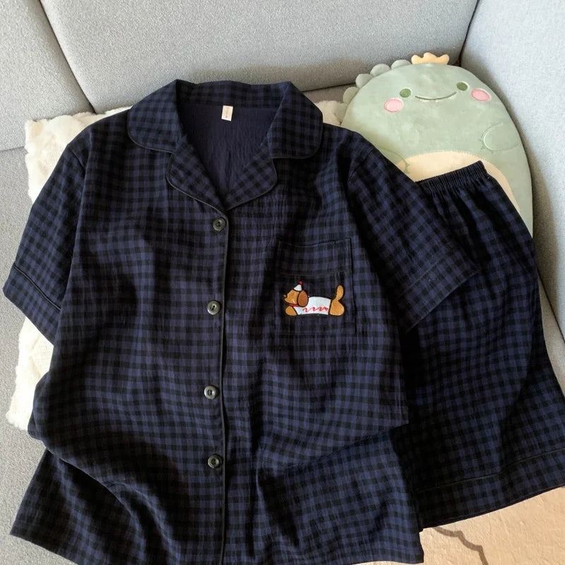 Cute Embroidered Dog Pajama Set – Plaid Short Sleeve Top & Shorts with Lapel Neck & Elastic Waist