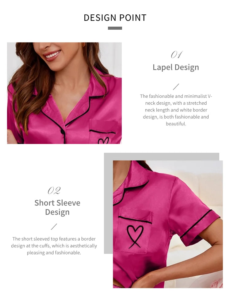 Heart Embroidered Women's Pajama Set – Button Down Top & Shorts Lounge Sleepwear