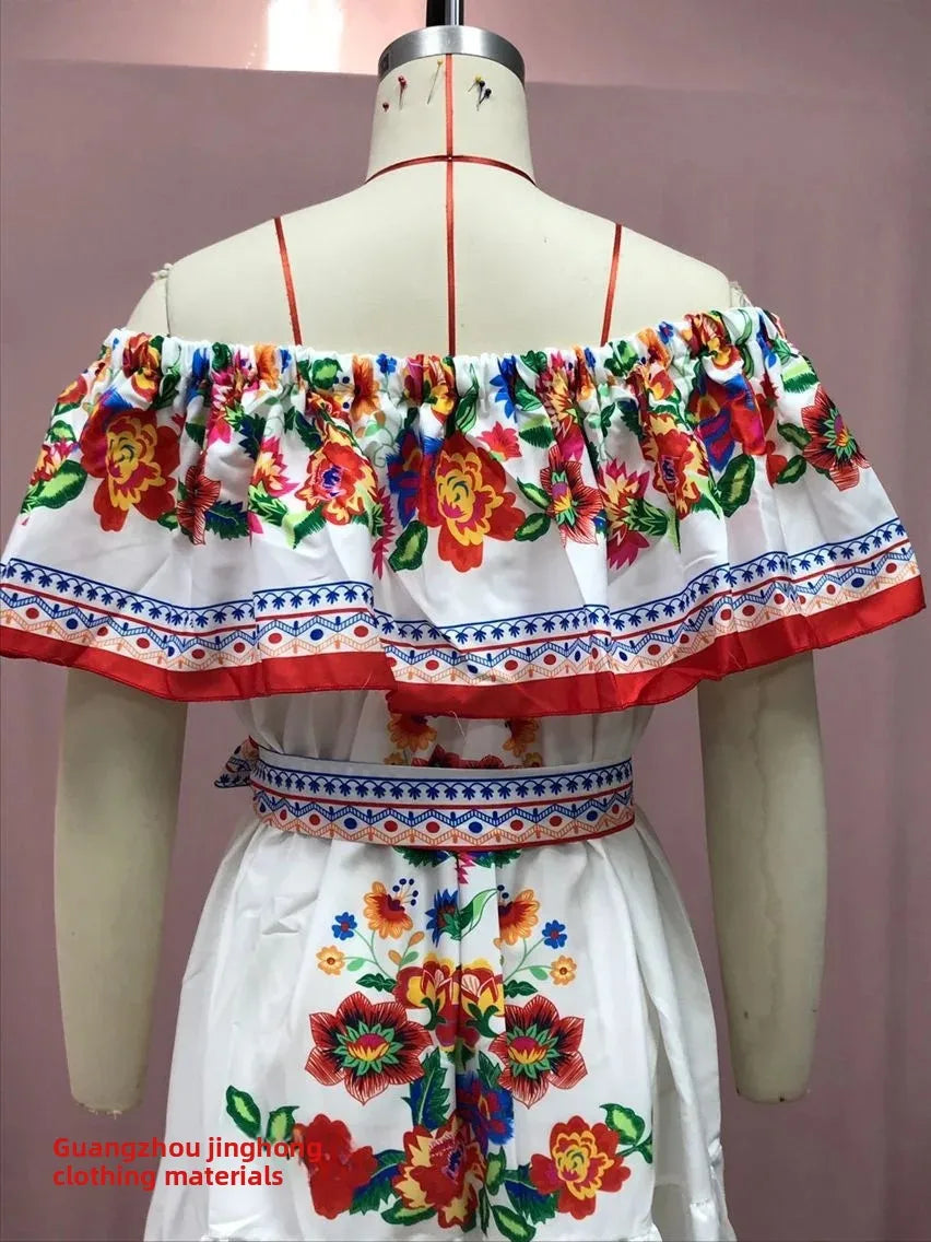 Spring/Summer One-Shoulder Maxi Dress – Red Flower Print, Sleeveless, Knee-Length, Regular Waist