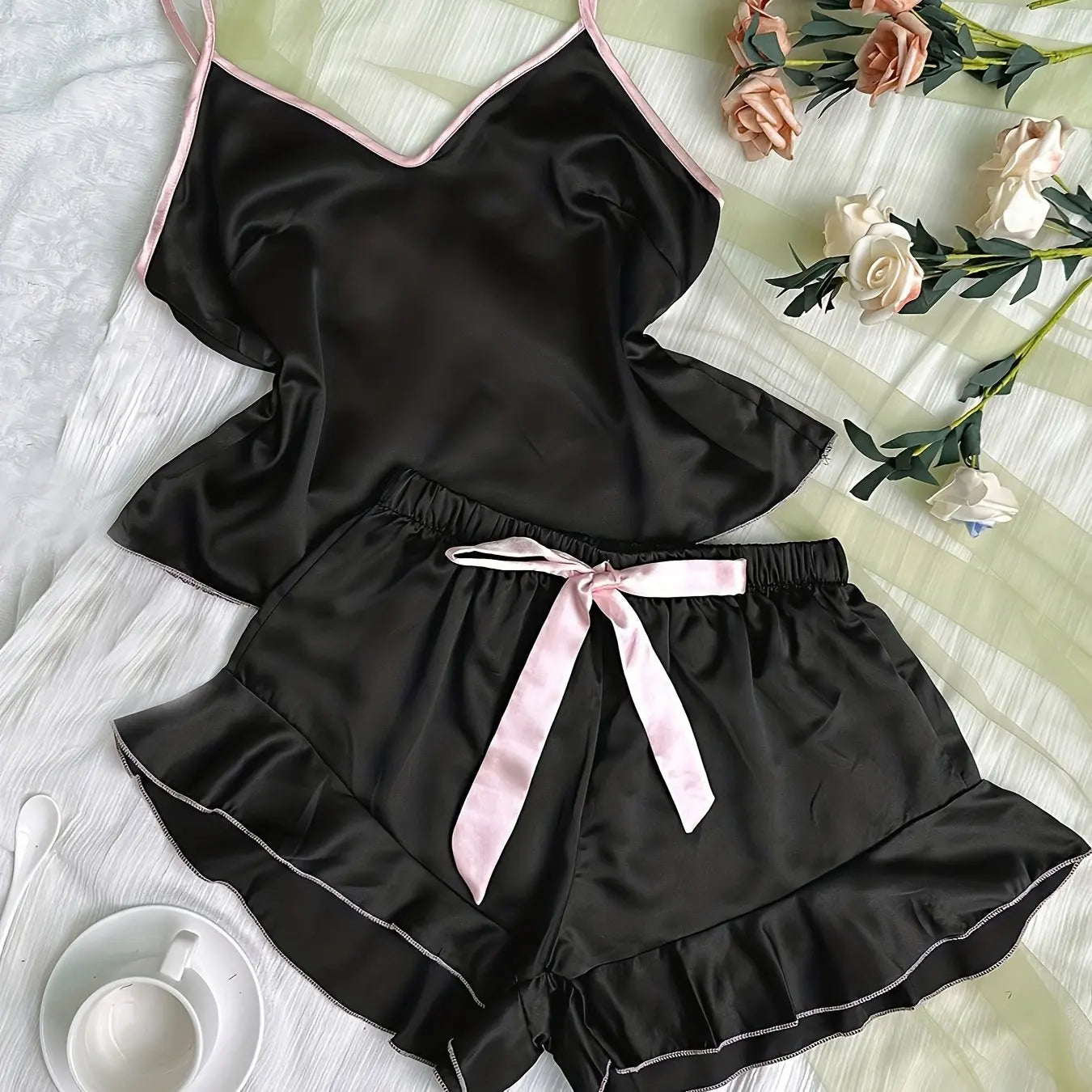 Smooth Satin Sleepwear – Ruffle Trim & Sling Top