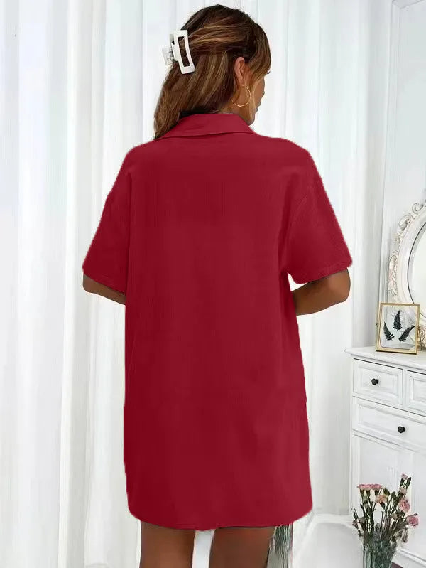 Women’s Casual Two-Piece Suit – Short Sleeve Single-Breasted Top & Skirt, Solid Color