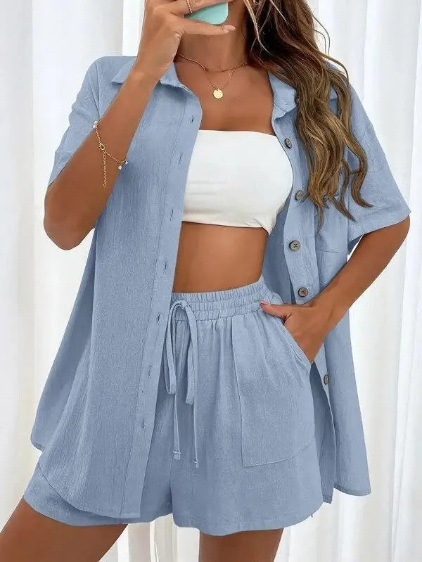 Women’s Casual Two-Piece Suit – Short Sleeve Single-Breasted Top & Skirt, Solid Color