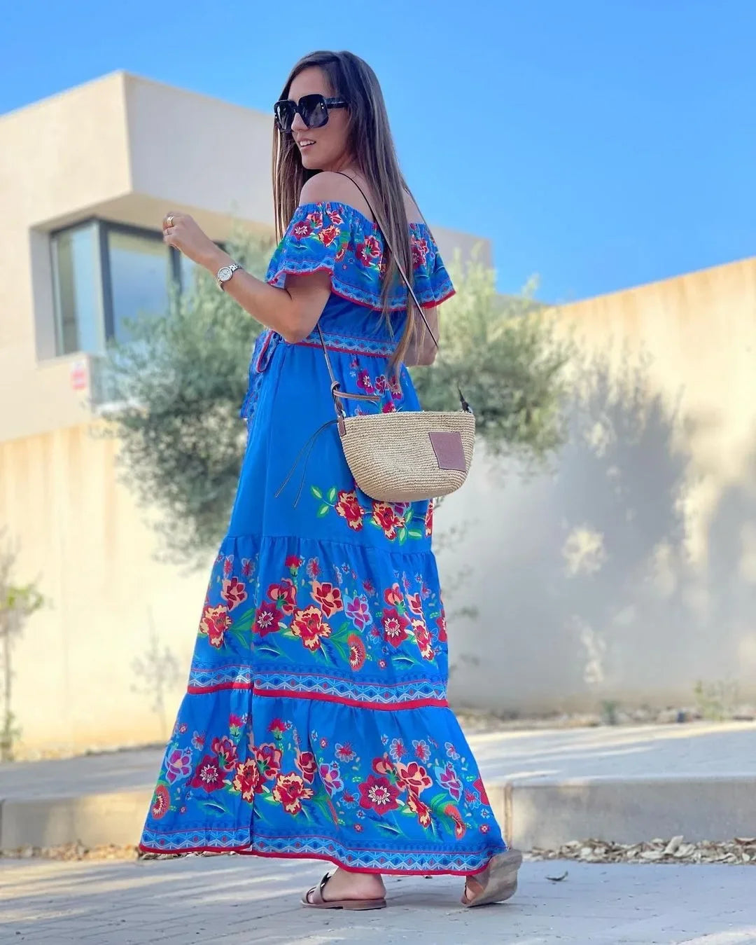 Spring/Summer One-Shoulder Maxi Dress – Red Flower Print, Sleeveless, Knee-Length, Regular Waist