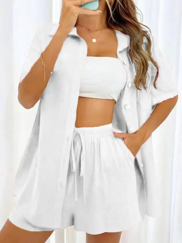 Women’s Casual Two-Piece Suit – Short Sleeve Single-Breasted Top & Skirt, Solid Color