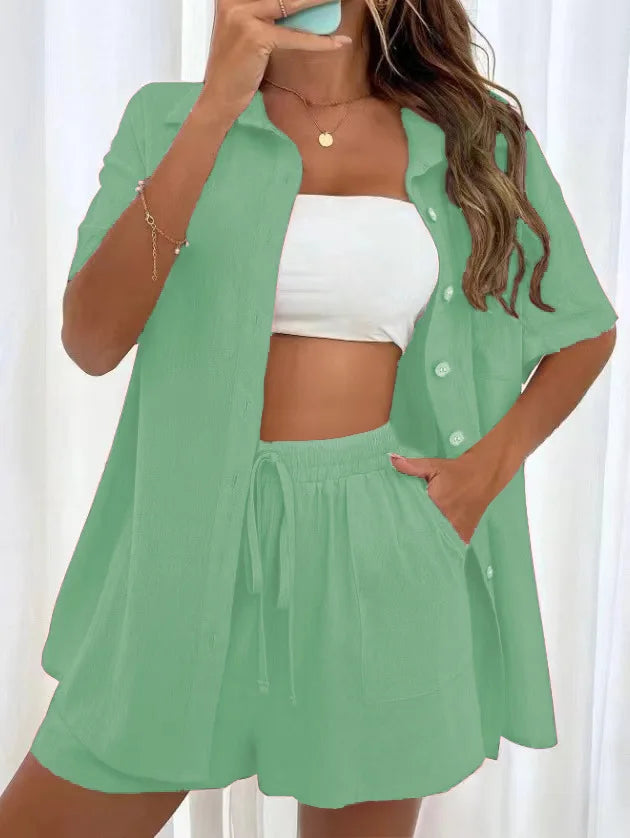 Women’s Casual Two-Piece Suit – Short Sleeve Single-Breasted Top & Skirt, Solid Color